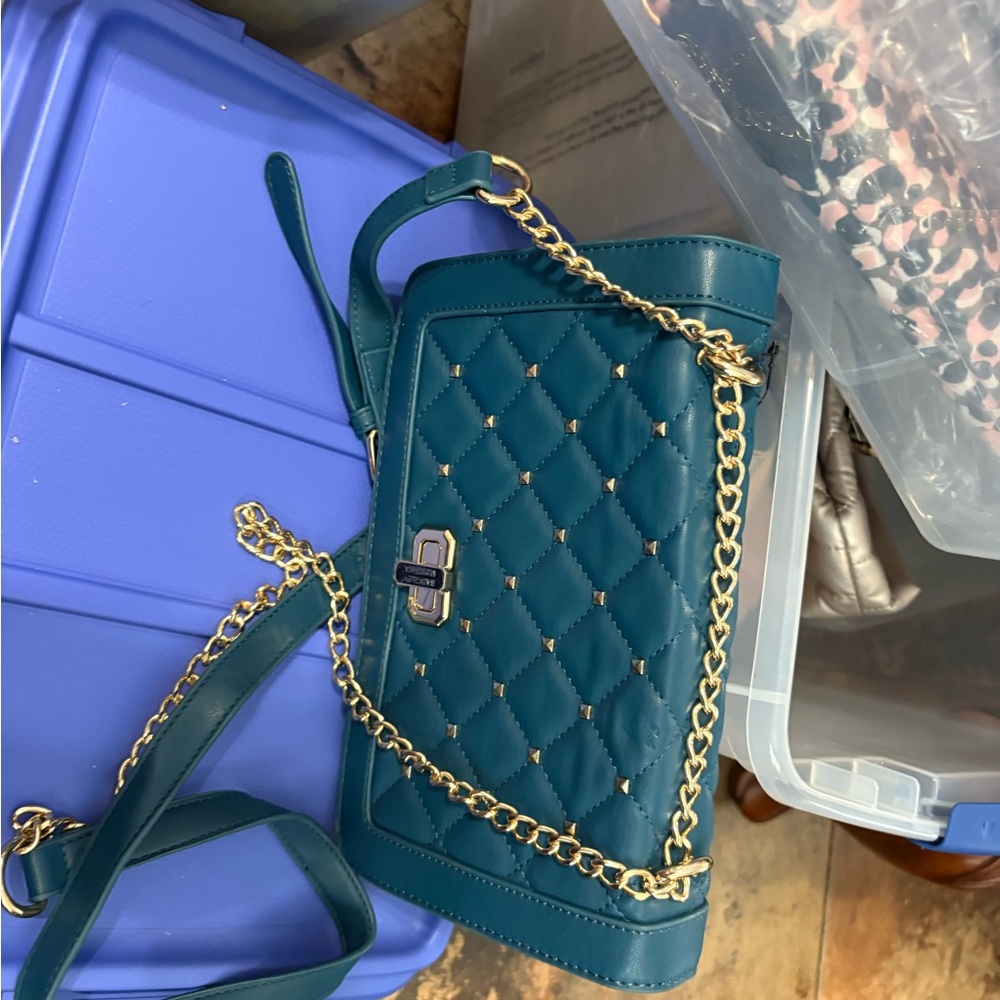 Badgley Mischka Blue Quilted Crossbody with Gold Chain